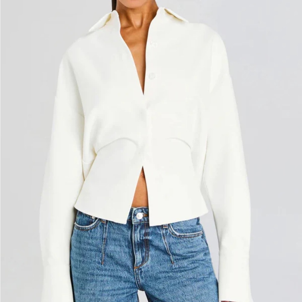 Cinched Waist White Button-Up Blouse